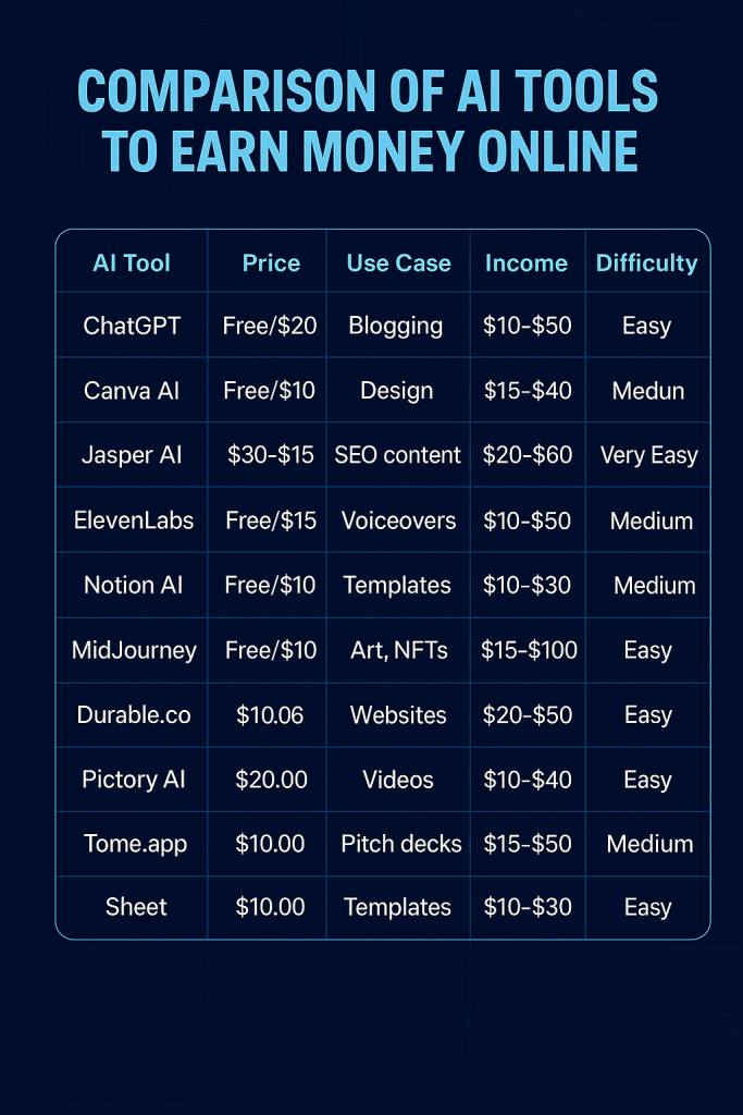AI-generated infographic of top AI tools for online income 2025
