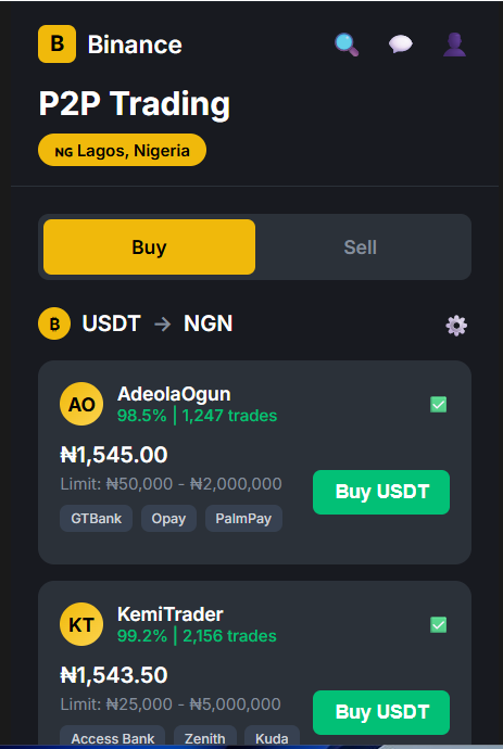 AI-generated Binance P2P trade screenshot with Lagos stock photo via canva