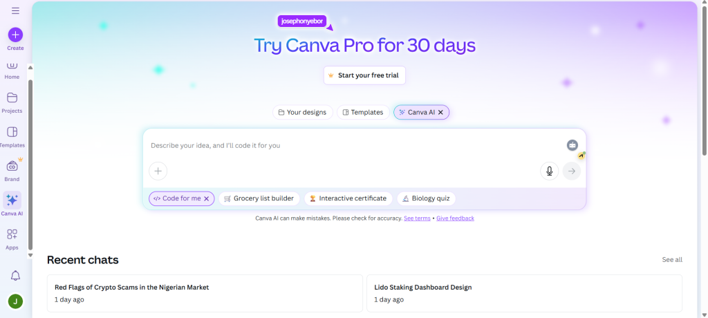 AI Tools to Earn Money Online in 2025: Screenshot of my Canva AI dashboard